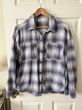 Hollister Plaid Shacket Womens Medium Gray Purple Pockets